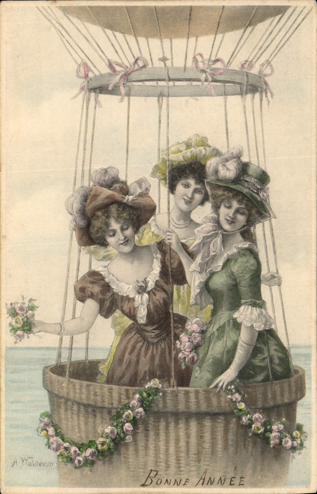 Vintage Postcard Fantasy Woman Mongolfiere Balloon