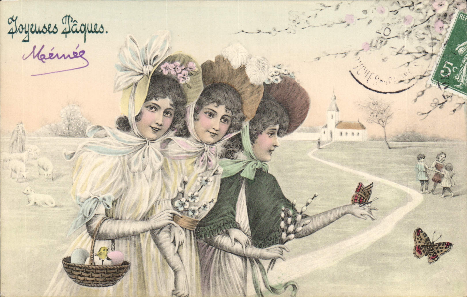 Vintage Postcard Fantasy Women Easter Butterfly