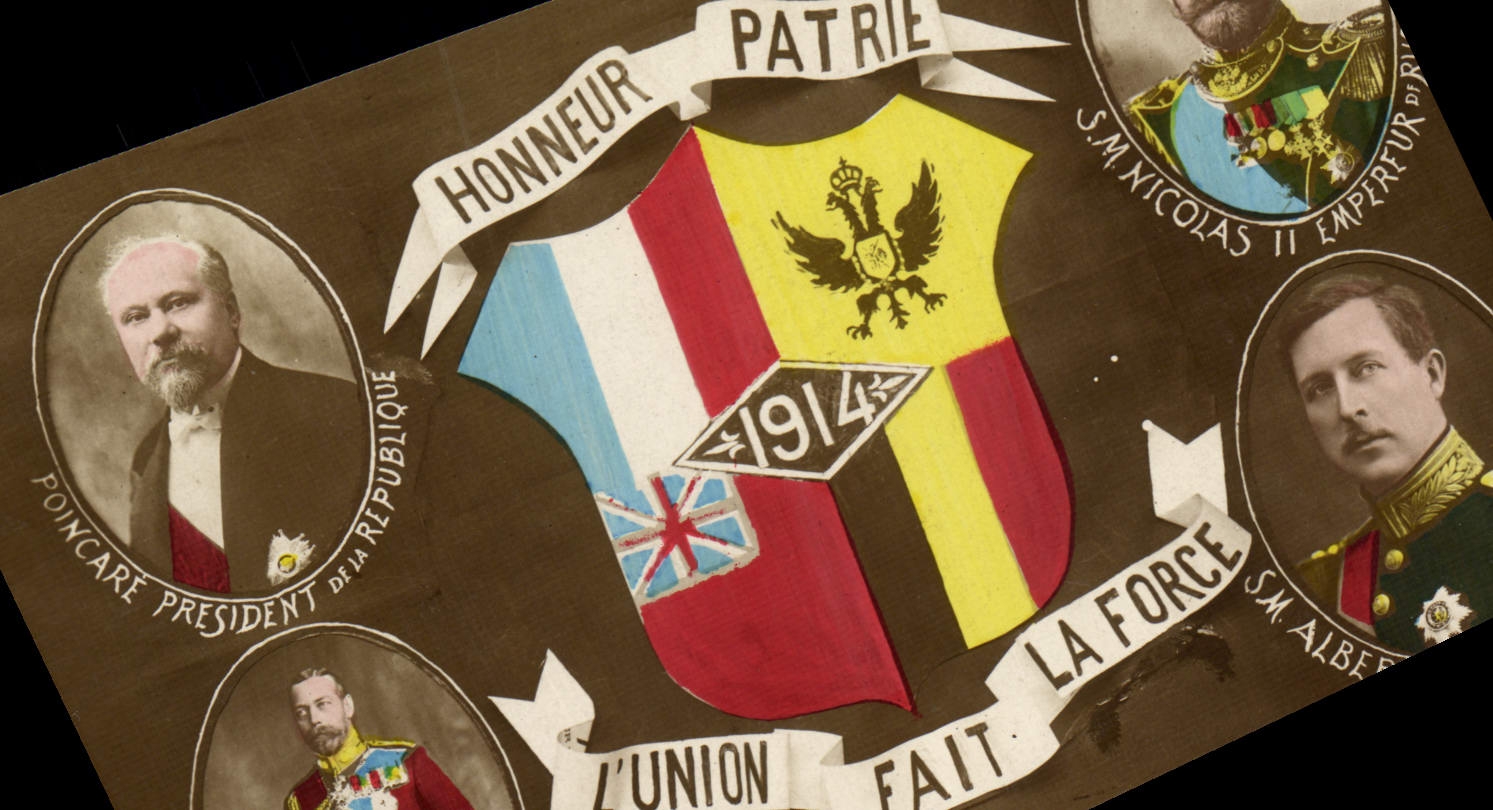 Postal Militaria Honor y Patria la unión hace la fuerza Poincare Jorge V Nicolás II 1.o Albert Rusia Russia