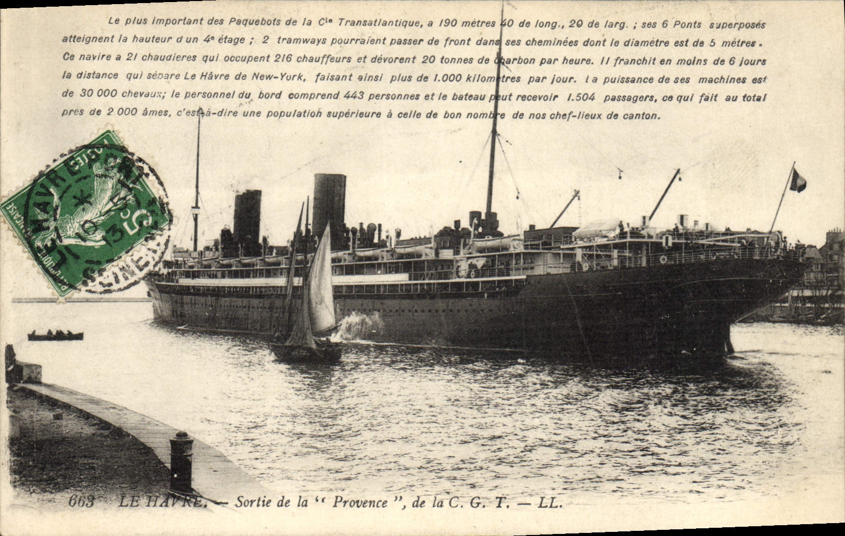 Vintage Postcard Boat Steamer Le Havre Left Provence of CGT