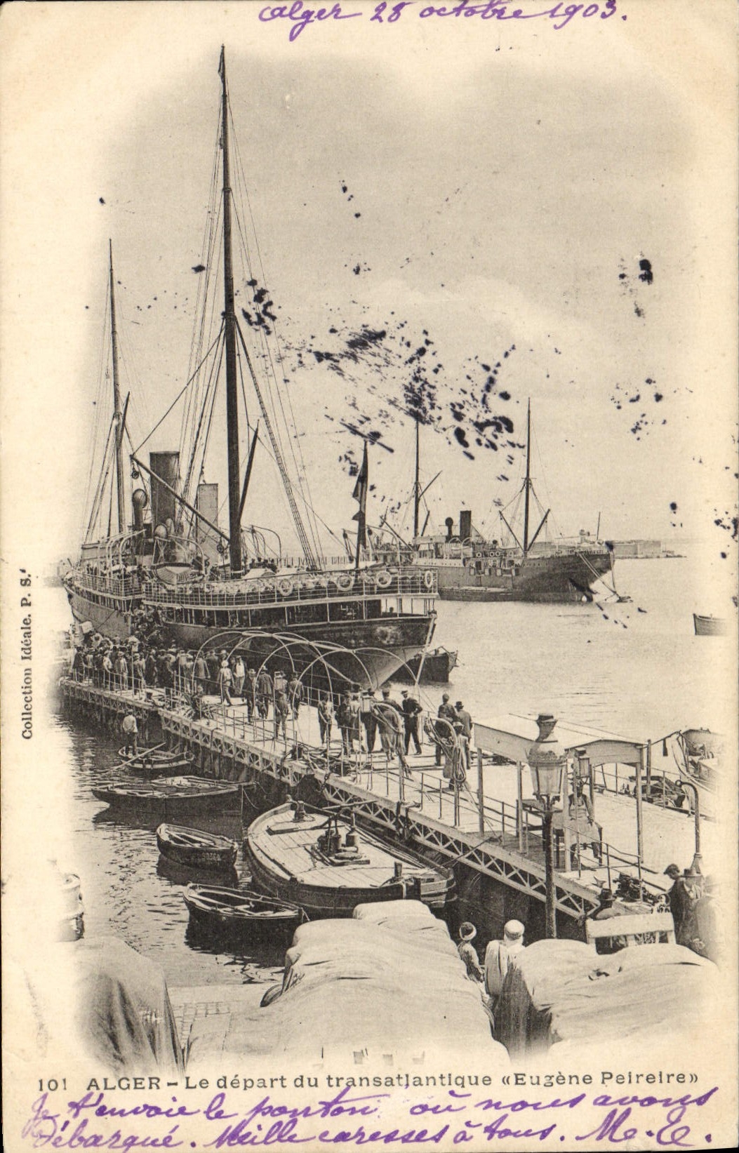 CPA Bateau Paquebot Alger Depart du transatlantique Eugene Pereire