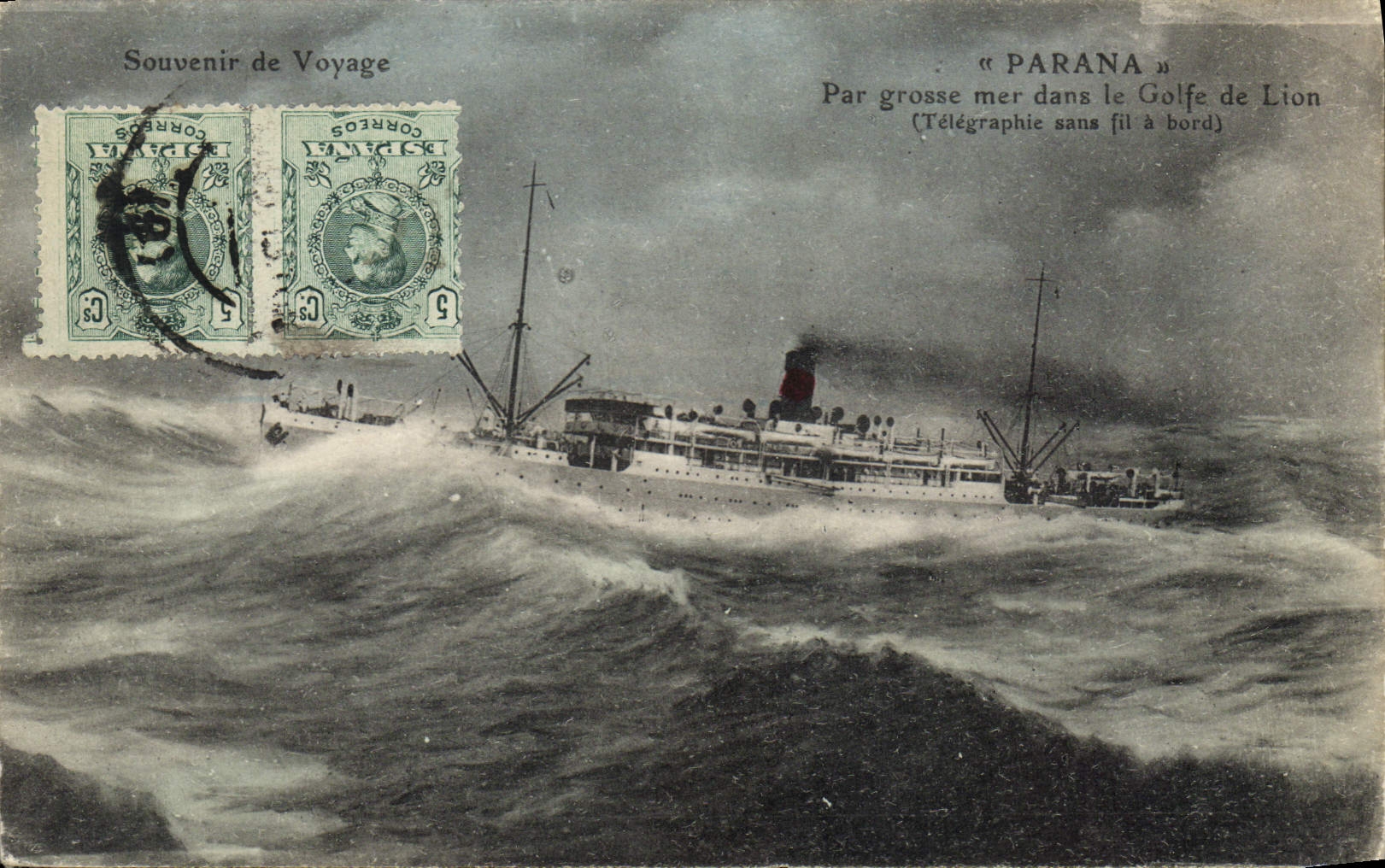 Vintage Postcard Boat Parana Steamer by heavy sea in the Gulf of Lions