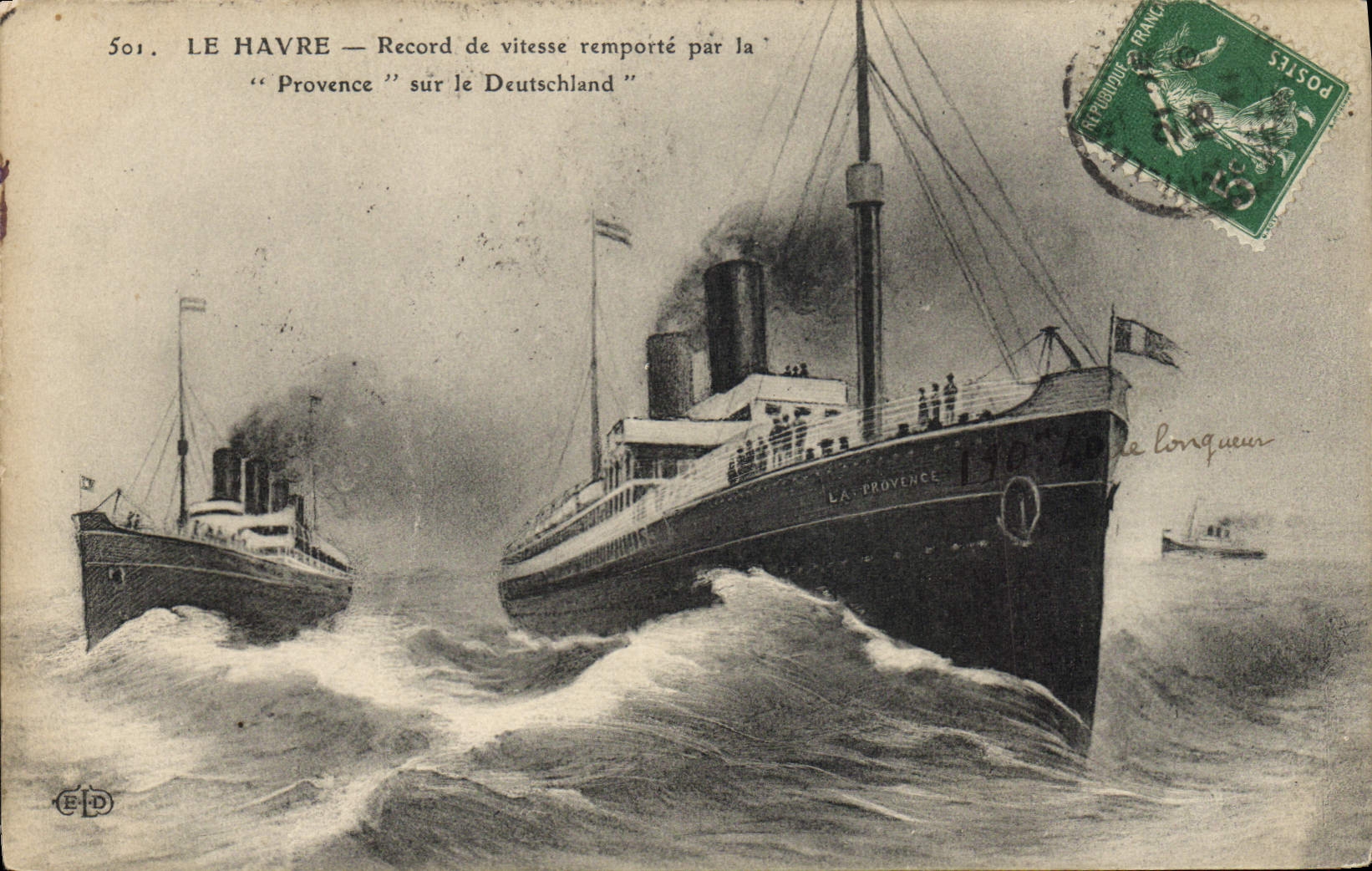 CPA Bateau Paquebot Le Havre Record de vitesse remporte par le provence sur le Deutschland
