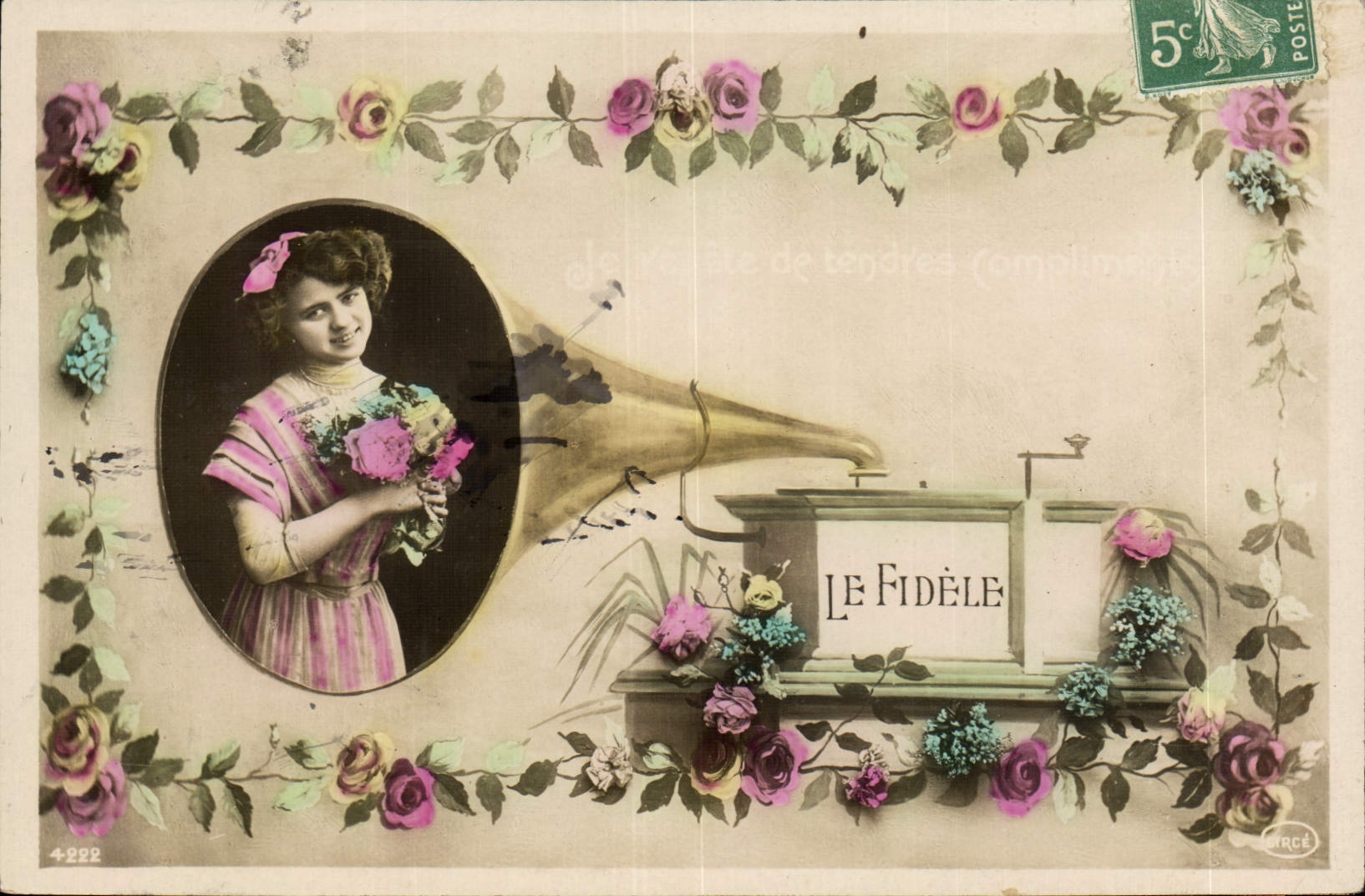 Postal Gramófono Mujer el fiel
