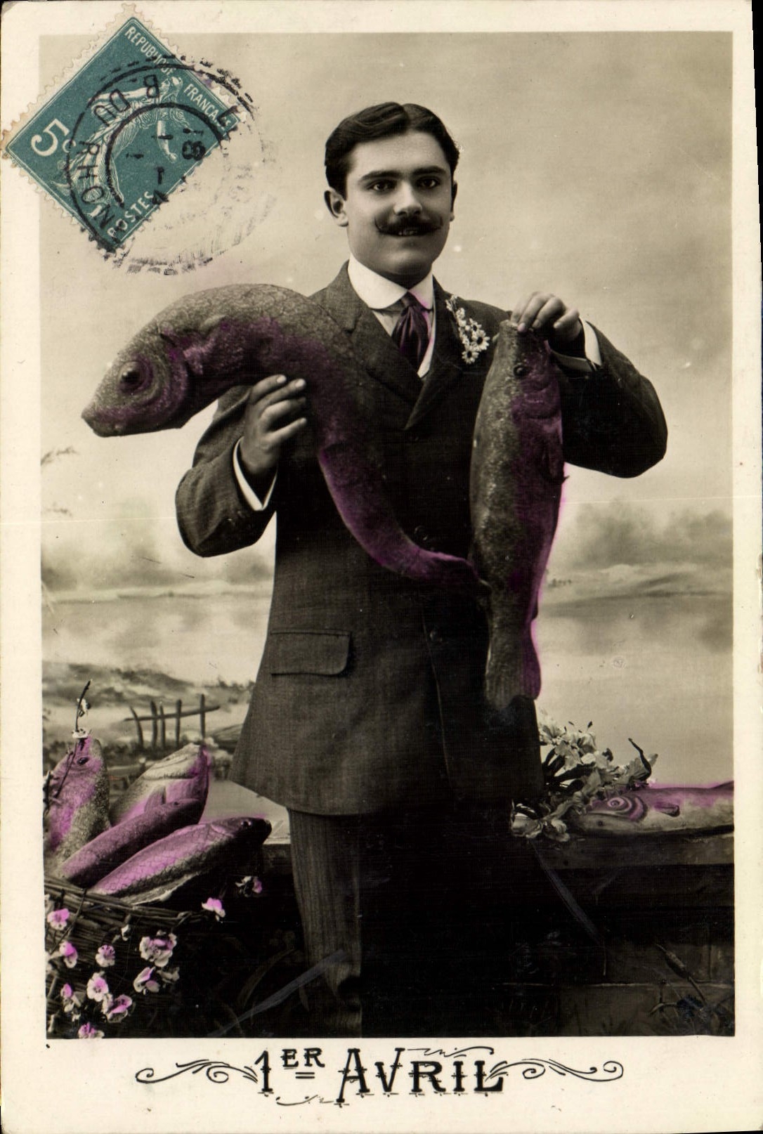CPA Fantaisie Paques Poisson Homme 1er Avril