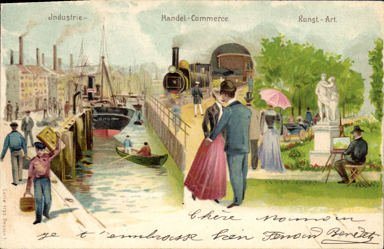 Vintage Postcard Fantaisie Illustrator Handel Industry Trades Runst Train Boat