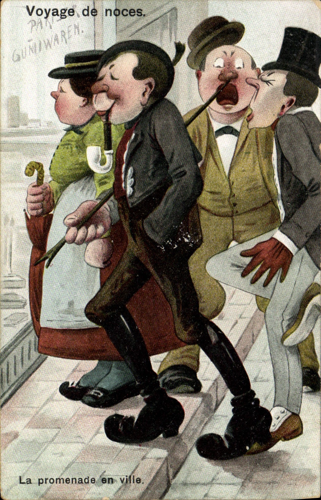 Vintage Postcard Fantasy Illustrator Honeymoon the walk downtown