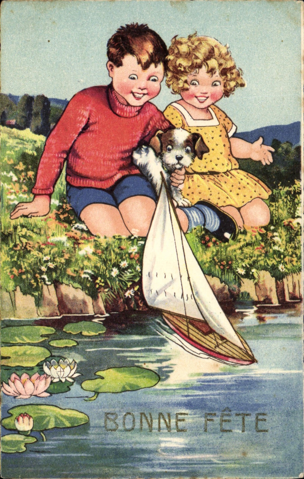 Vintage Postcard Fantasy Illustrator Children Good festival Boat