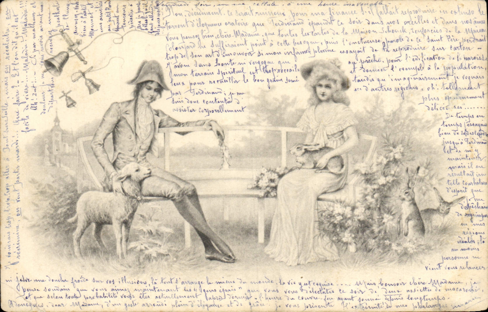 Vintage Postcard Fantasy Illustrator Woman Sheep Bells