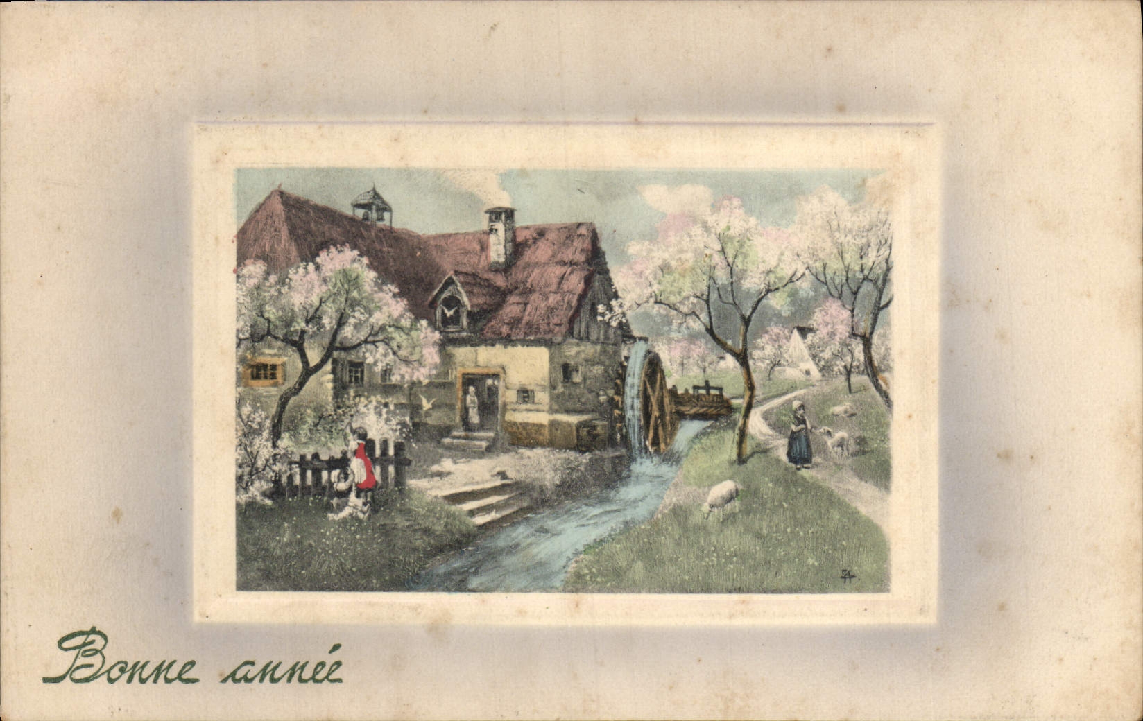 Vintage Postcard Fantaisie Illustrator Water mill Happy new year