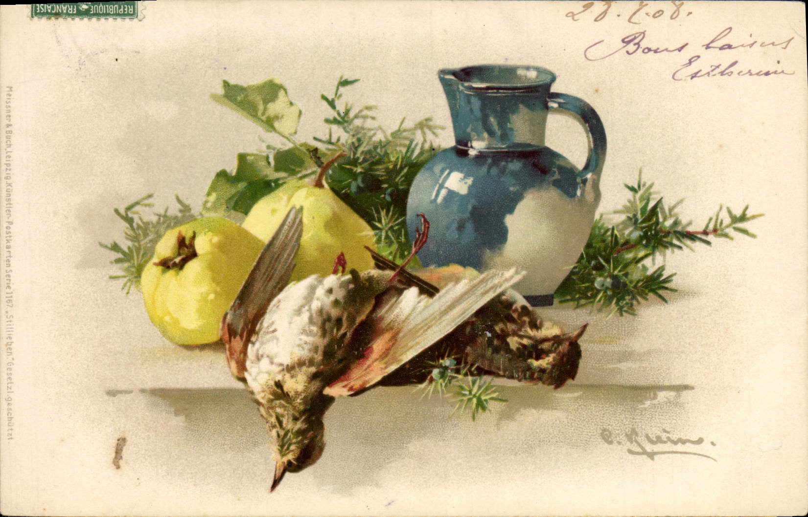 Vintage Postcard Fantasy Flowers Still life bird