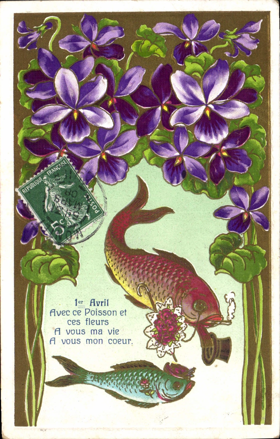 CPA Fantaisie Poissons Cigarette 1er Avril Fleurs 
