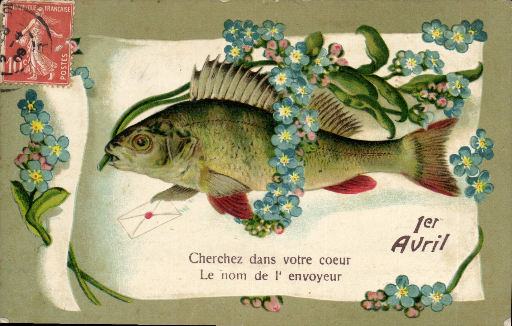 Vintage Postcard Fantasy Poisson April 1st Flowers