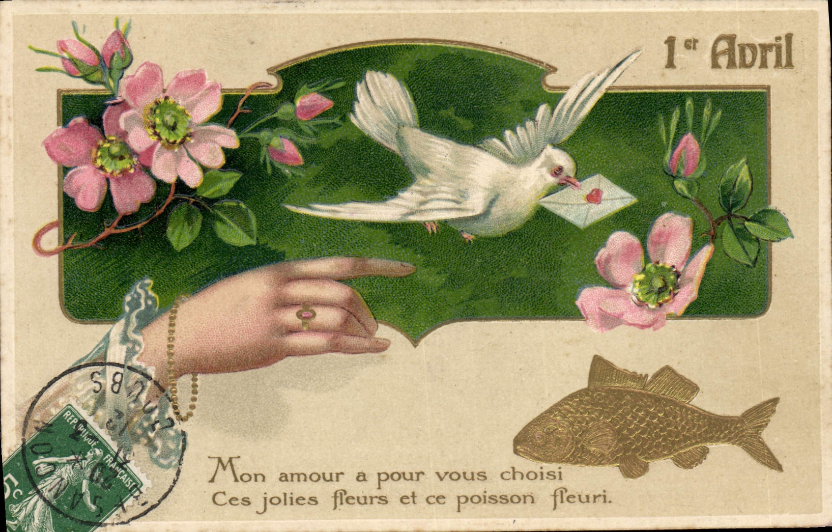 Vintage Postcard Fantasy Poisson April 1st Dove Flowers