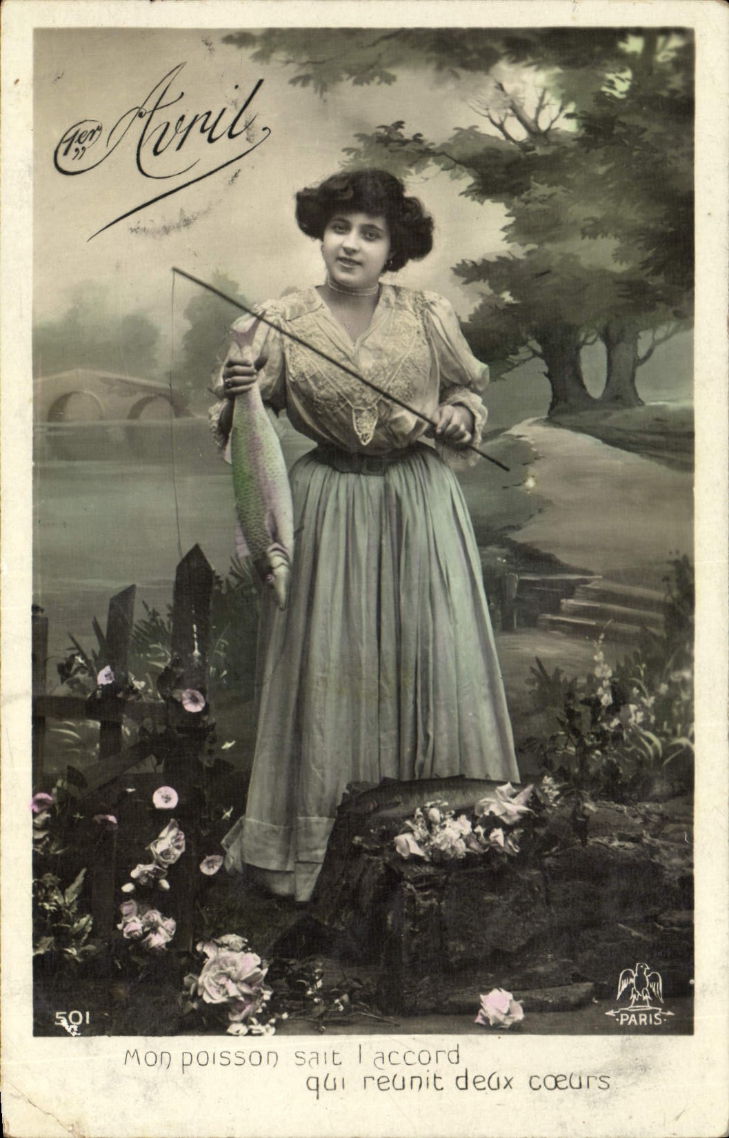 CPA Fantaisie Femme 1er Avril Poissons 