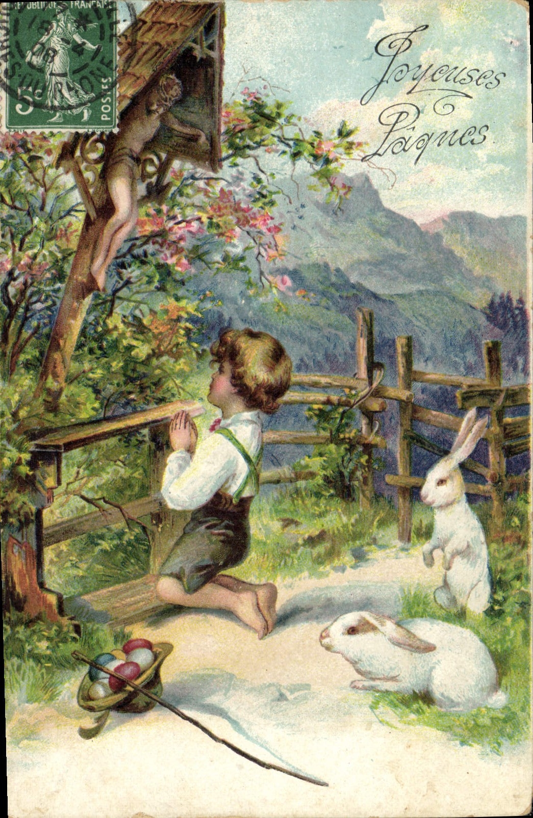 CPA Fantaisie Enfant Lapins Paques 