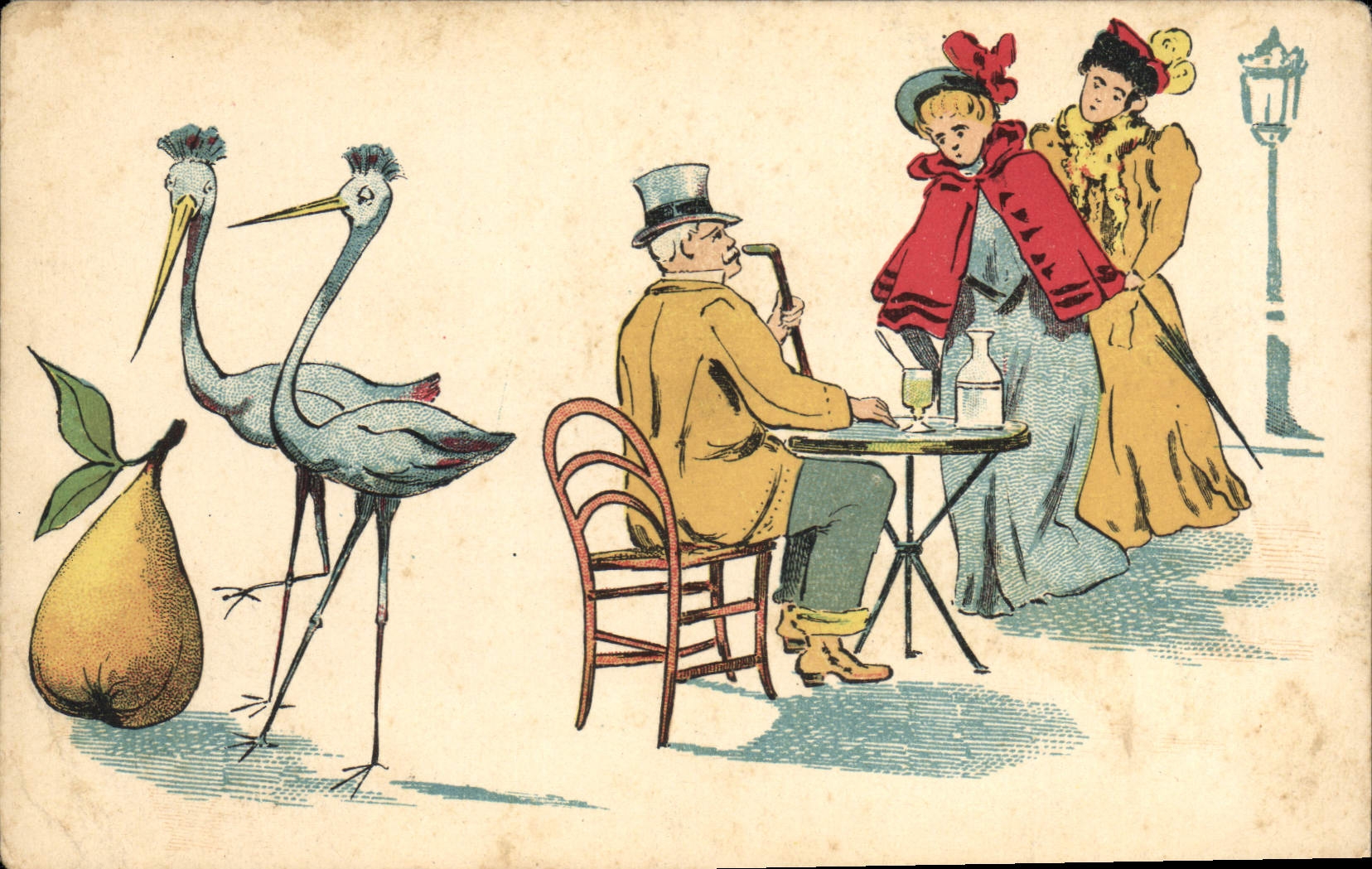 Vintage Postcard Fantasy Women Birds Pear