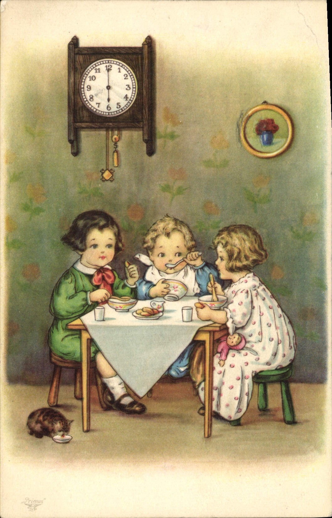 Vintage Postcard Fantasy Children Clock Cat Kitten