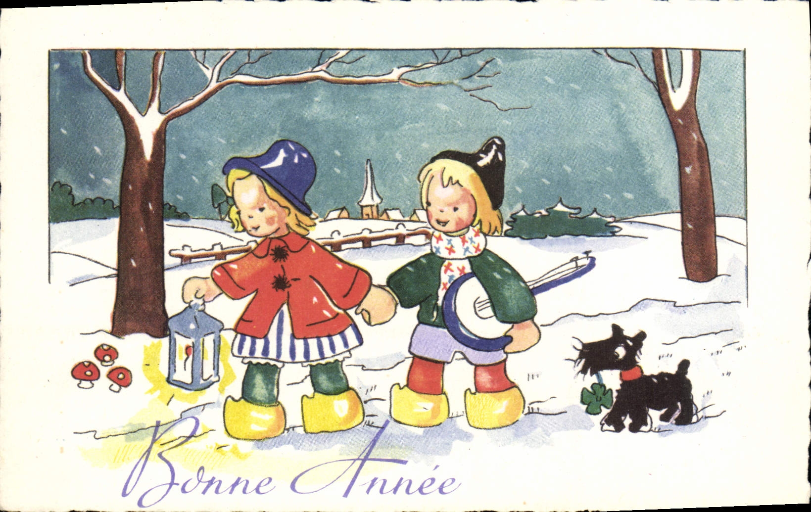 Vintage Postcard Fantasy Children Dog Happy new year