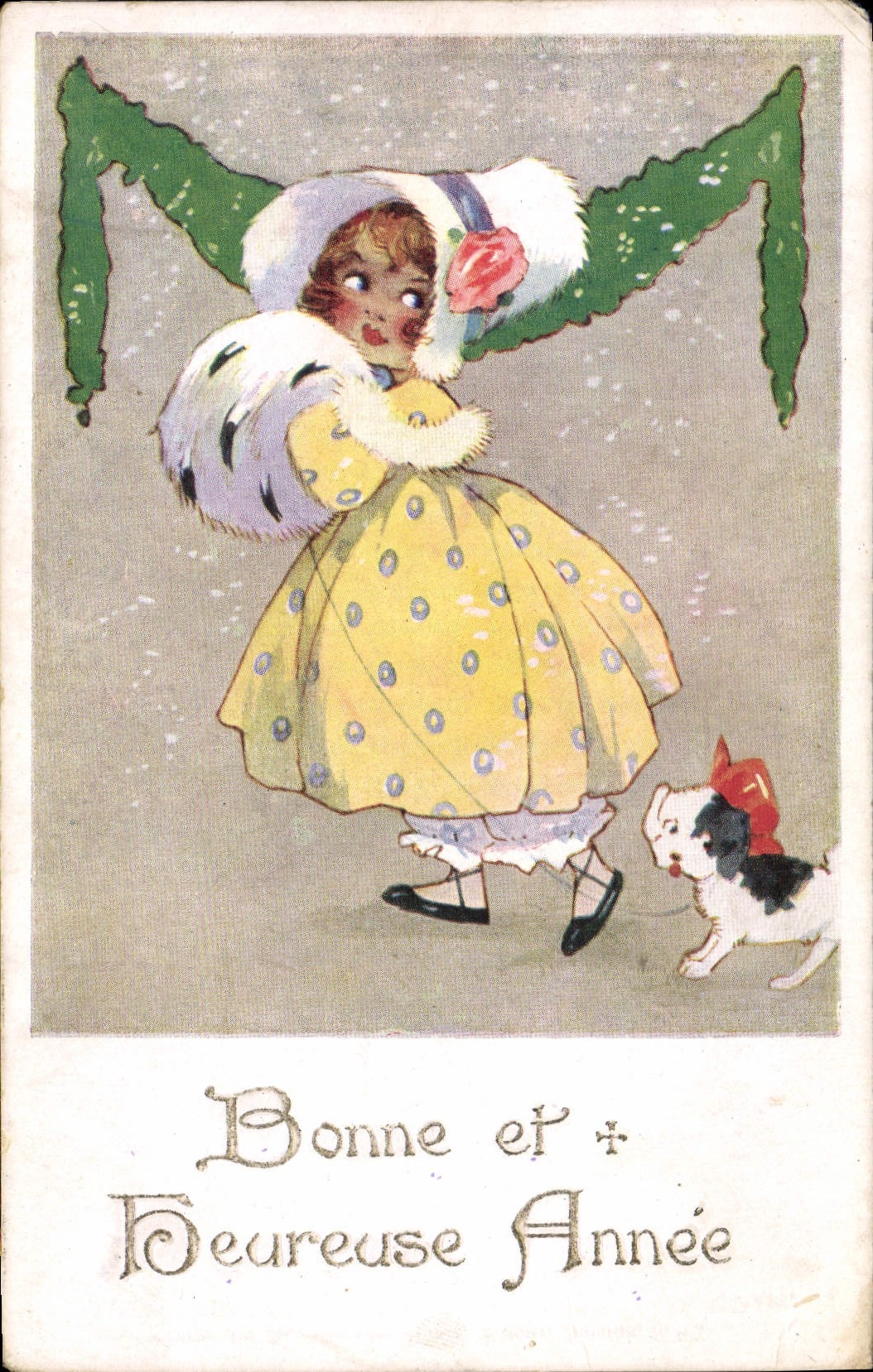 Vintage Postcard Fantasy Good Woman and happy year Dog