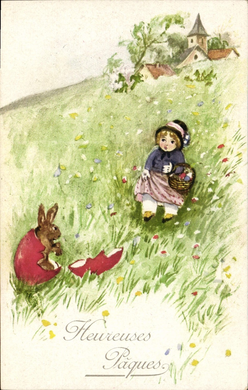 CPA Fantaisie Enfant Lapin Paques 