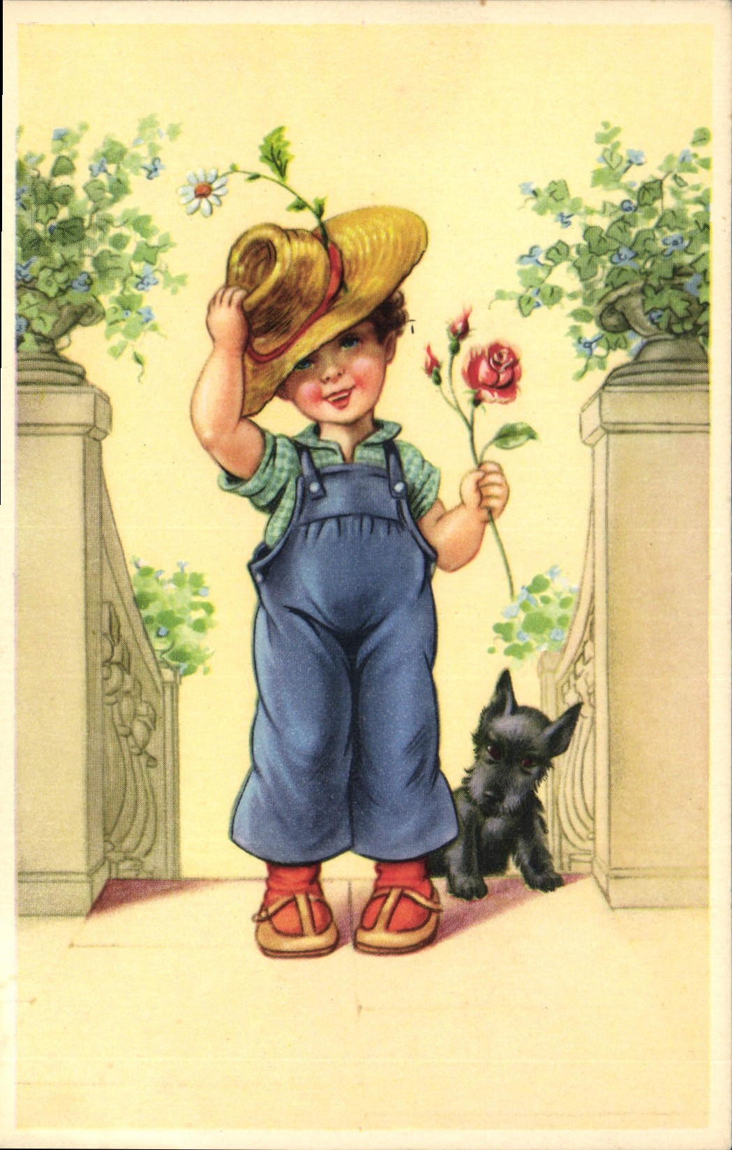 CPA Chiens Chien Enfant Fleurs 