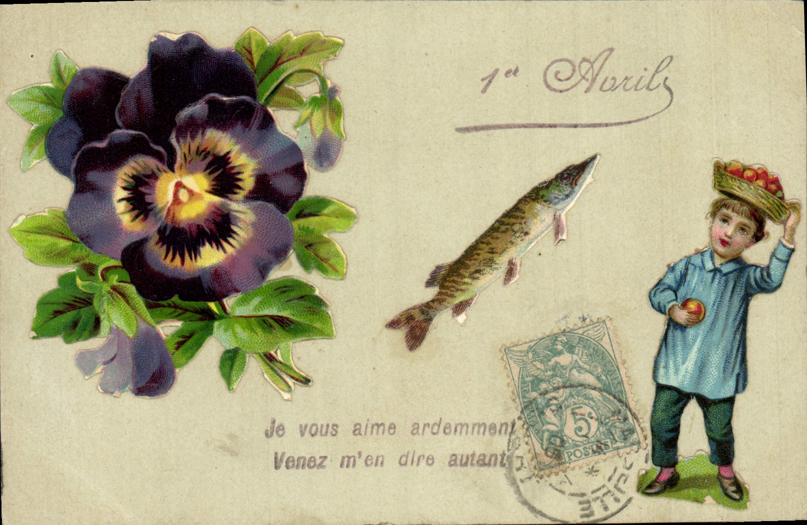 CPA Fantaisie Paques Poisson Enfant Fleurs