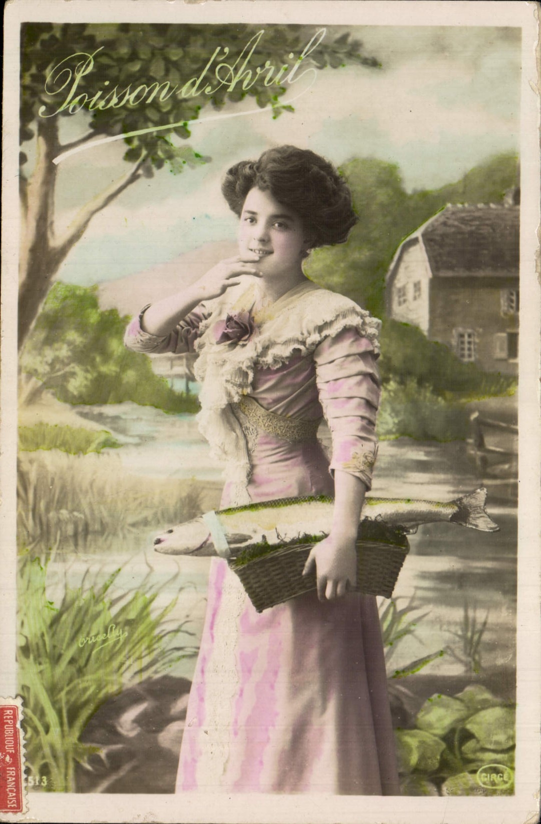 CPA Fantaisie Paques Poisson Femme 