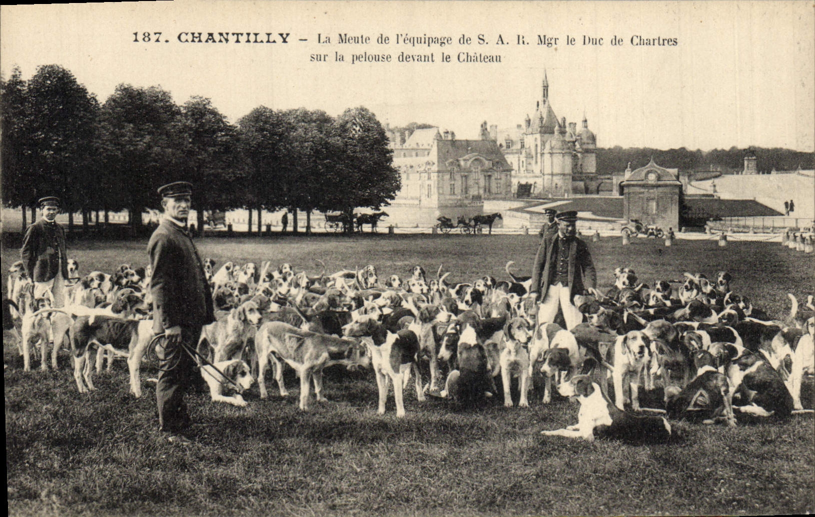CPA Chasse a courre Chantilly La meute de l'equipage SAR Mgr le duc de Chartres sur la pelouse devant le chateau Chien Chiens TOP 