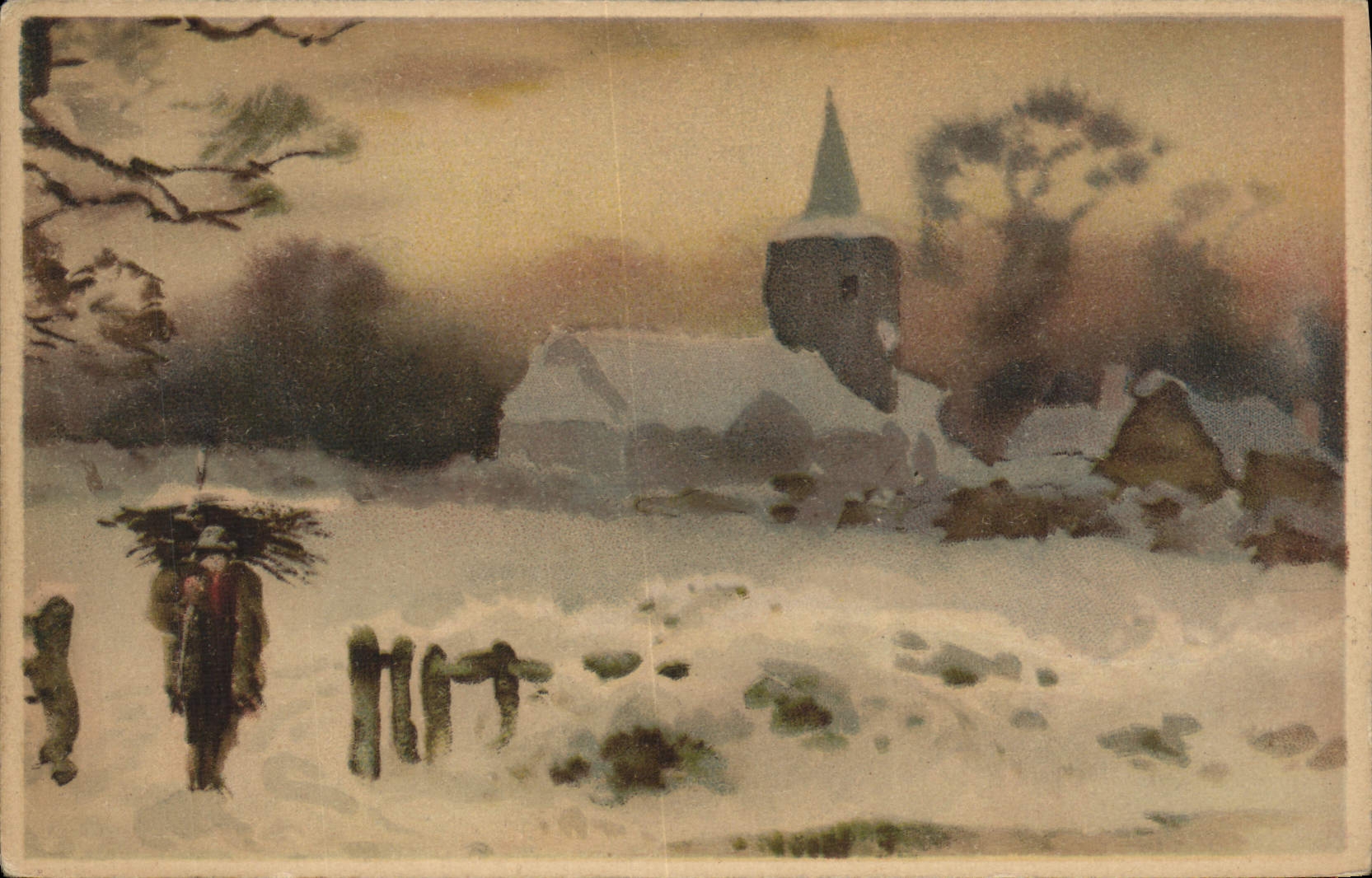 Vintage Postcard Fantasy Illustrator Village under snow