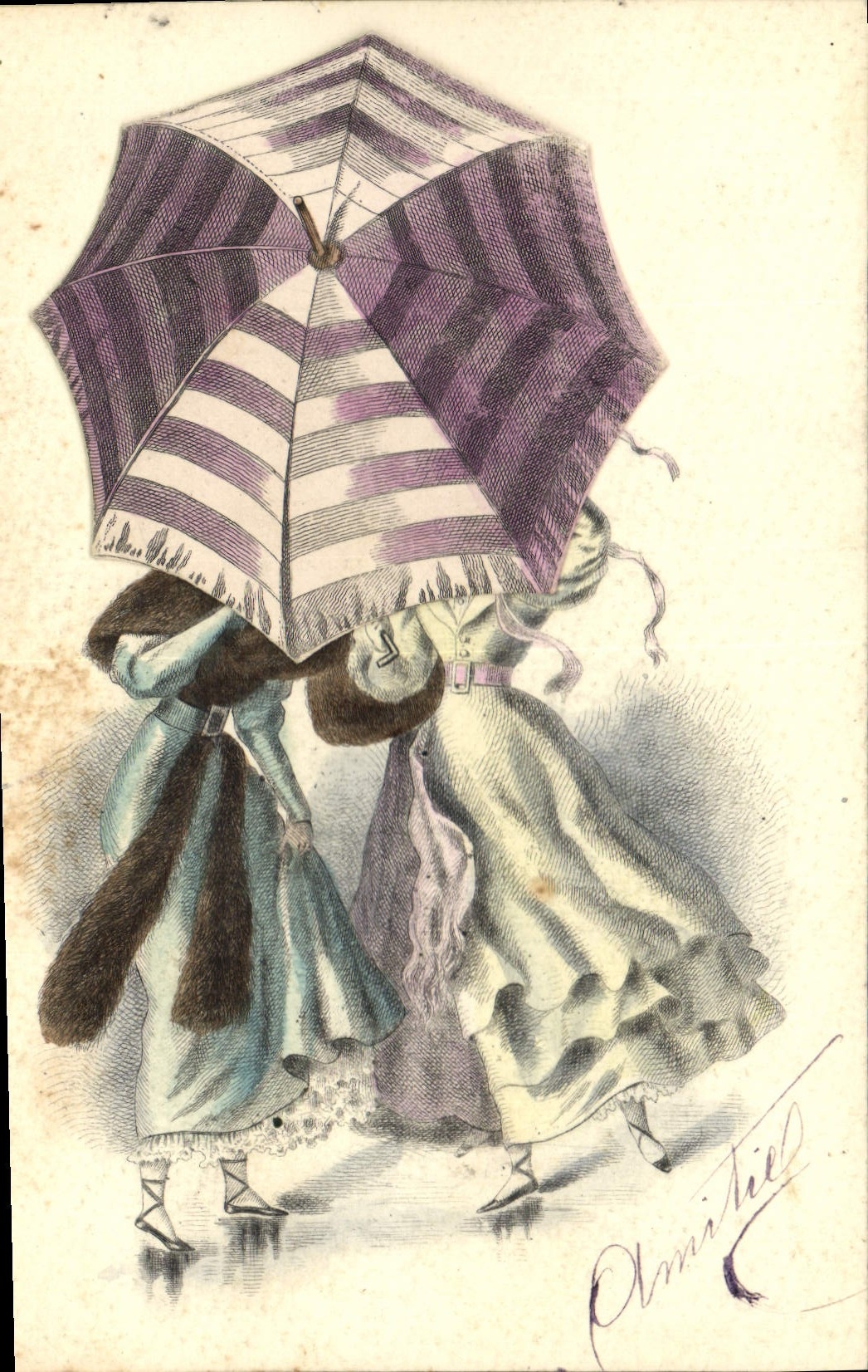 Vintage Postcard Fantasy Illustrator Woman Umbrella (in relief)
