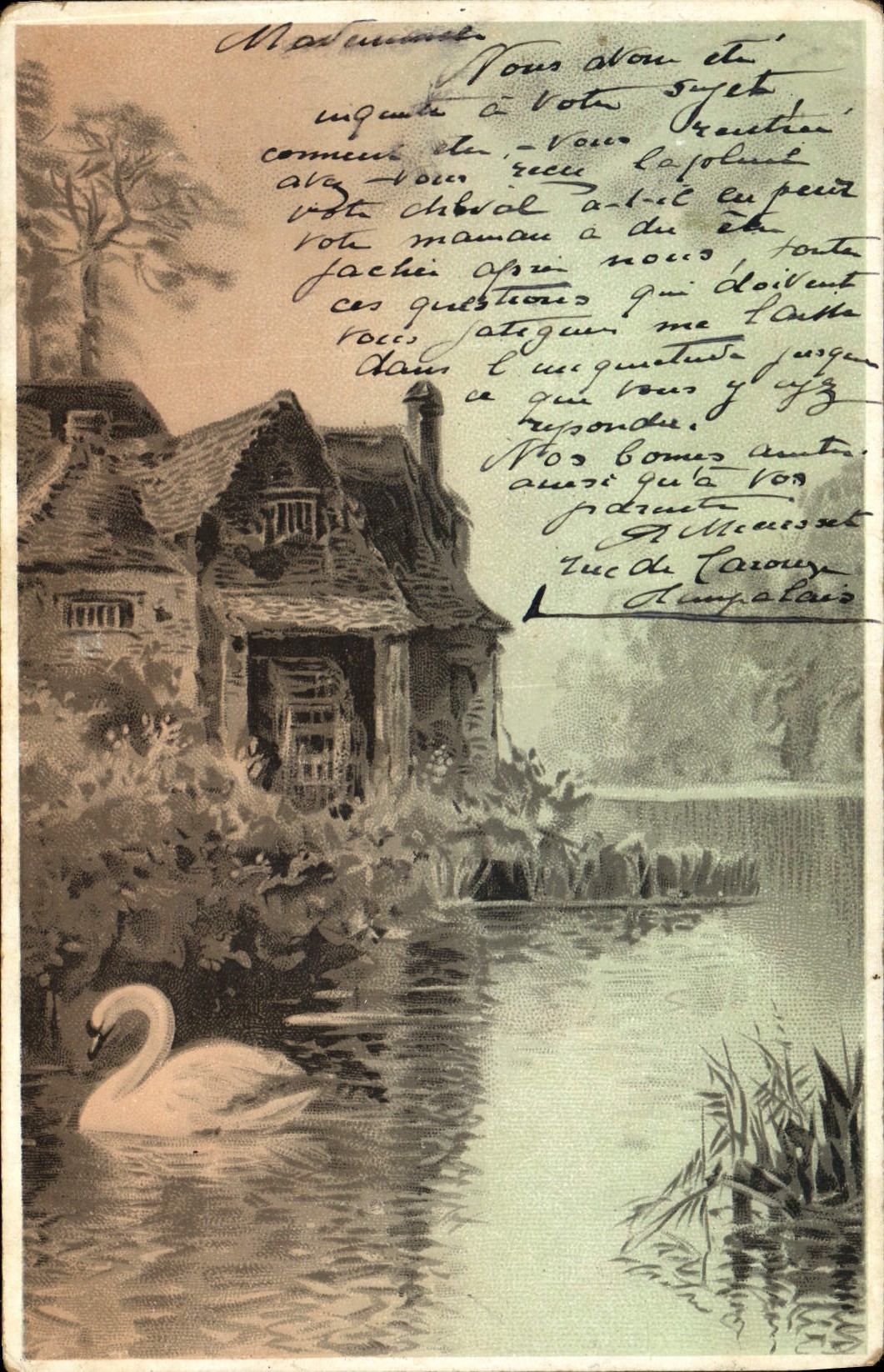 Vintage Postcard Fantaisie Illustrator Water mill Cygne