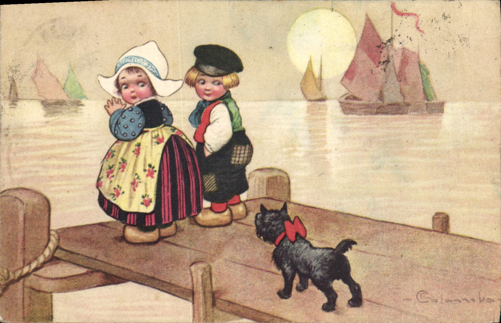 Vintage Postcard Dogs Dog Children Boat