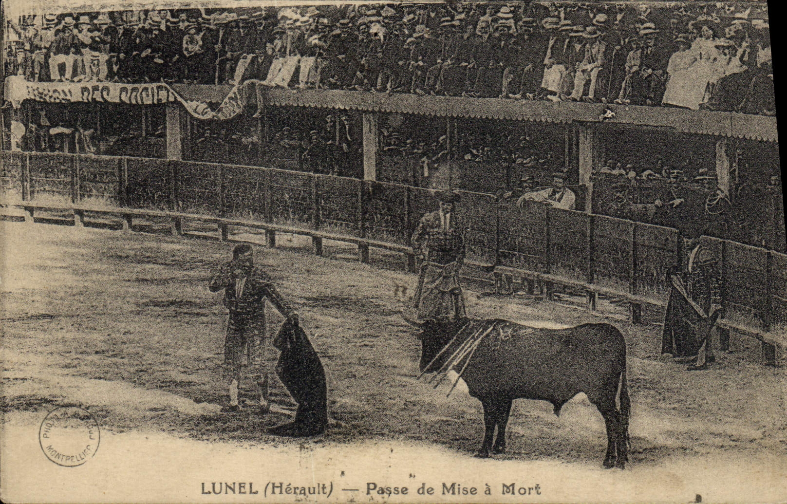 CPA Corrida Course de taureaux Lunel Herault Passe de mise a mort TOP 