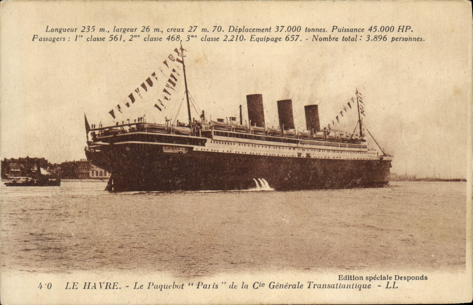 Vintage Postcard Boat Steamer Le Havre the Paris Steamer of the Transatlantic General Co