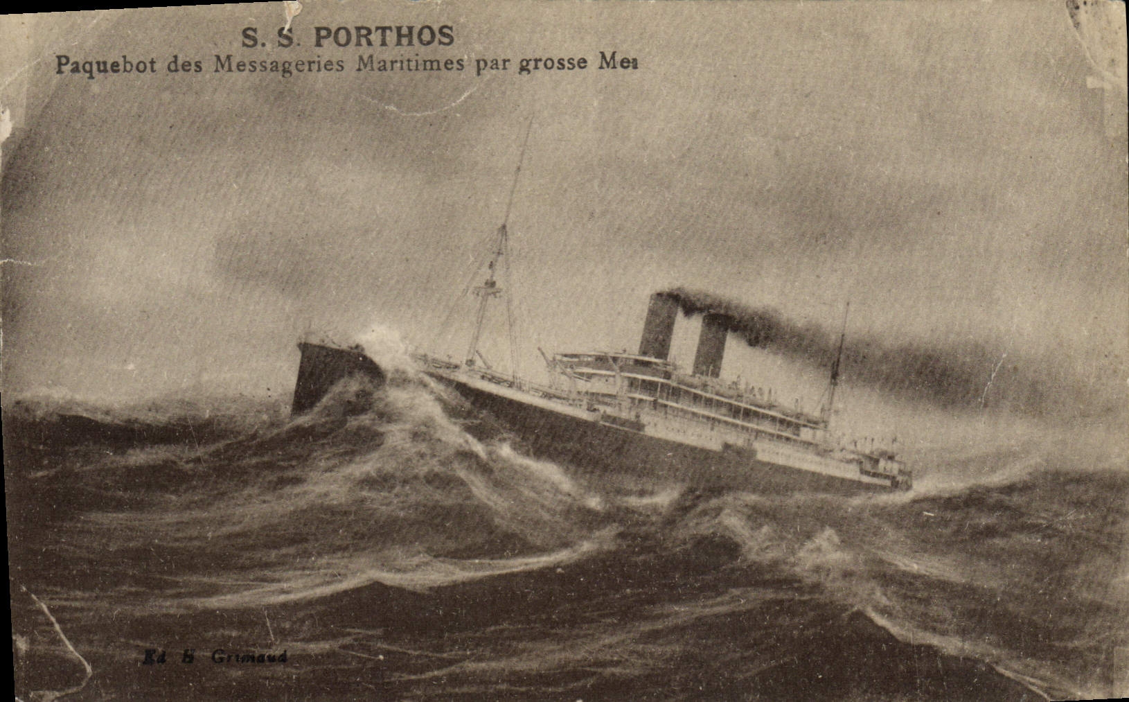 Vintage Postcard Boat Steamer of the Shipping company by heavy sea SS Porthos