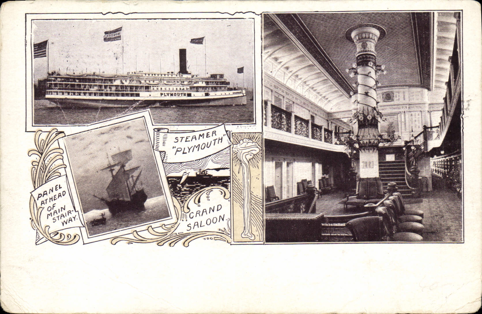 Vintage Postcard Boat Steamer Plymouth Steamer Large Saloon