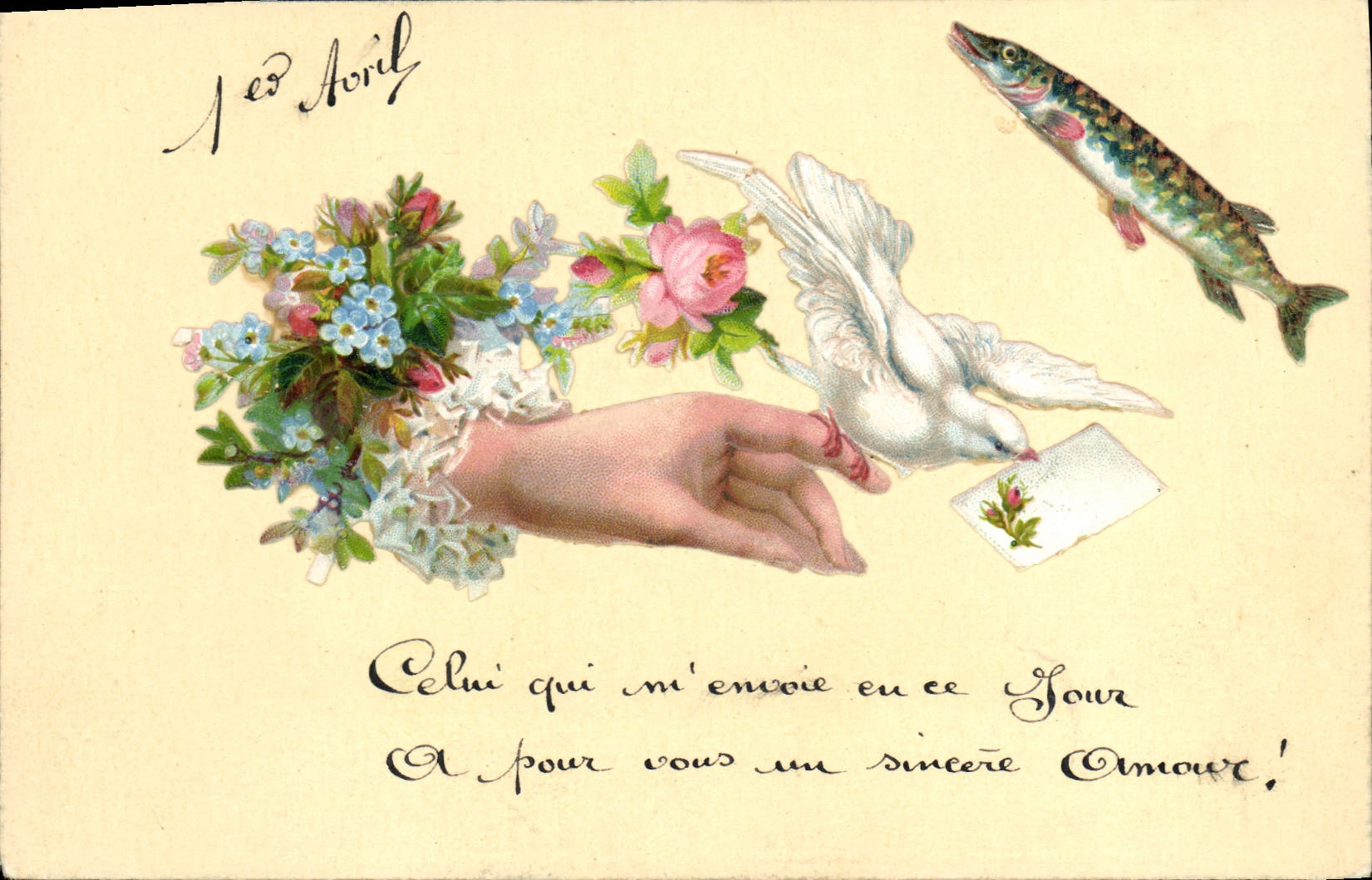 Vintage Postcard Fantasy Poisson April 1st Dove Hand