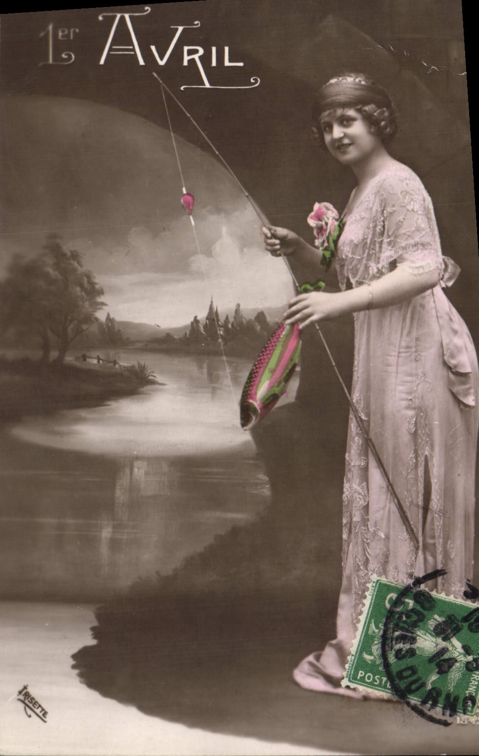 Vintage Postcard Fantaisie Poisson April 1st Femme Fishes