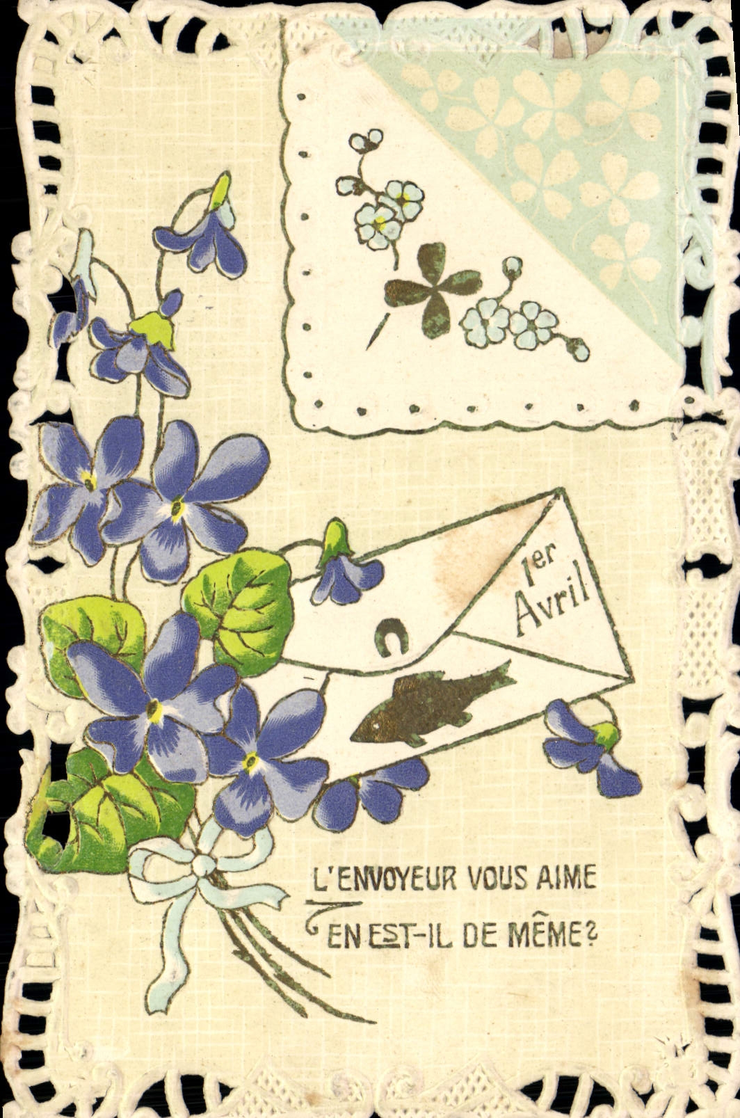 CPA Fantaisie Brodee Poisson 1er Avril Fleurs 