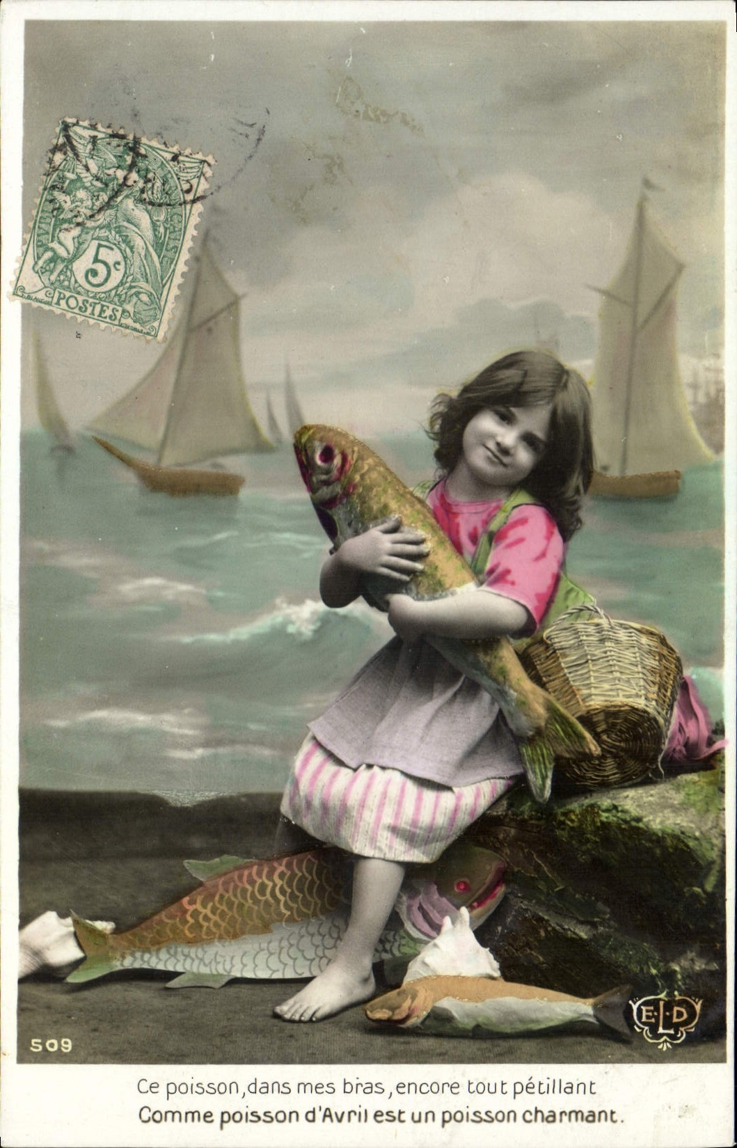 Vintage Postcard Fantasy Poisson April 1st Child Boats