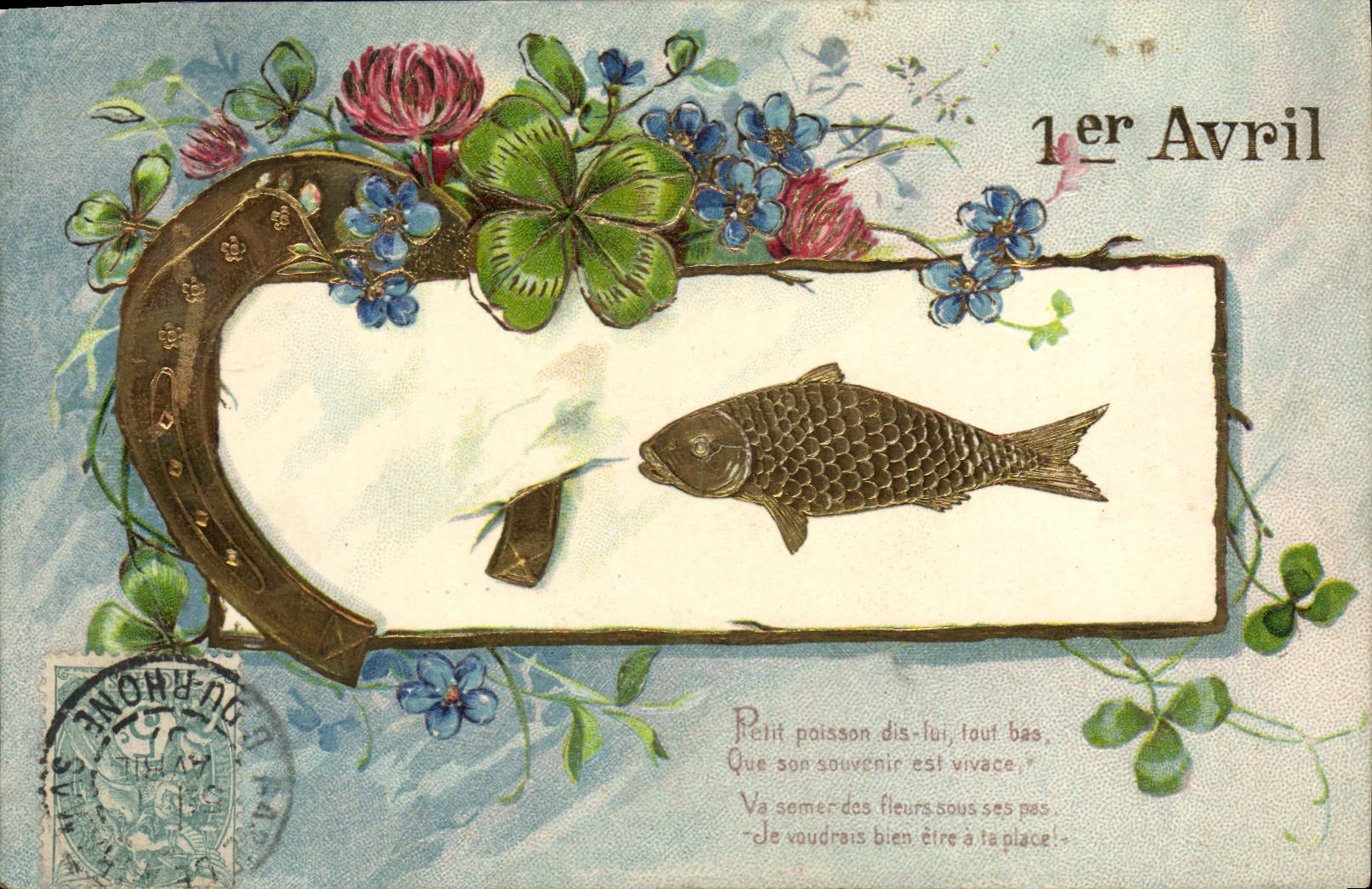 CPA Fantaisie Poisson 1er Avril Fer a cheval Trefle 