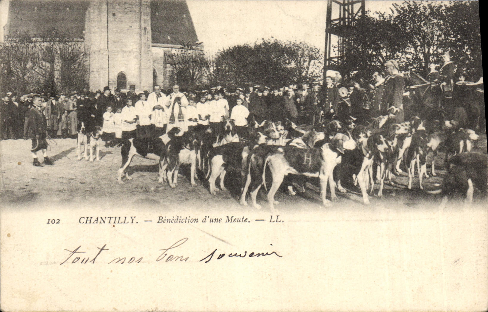 Vintage Postcard Chasse has courre Chantilly Benediction of a pack Chiens Dog