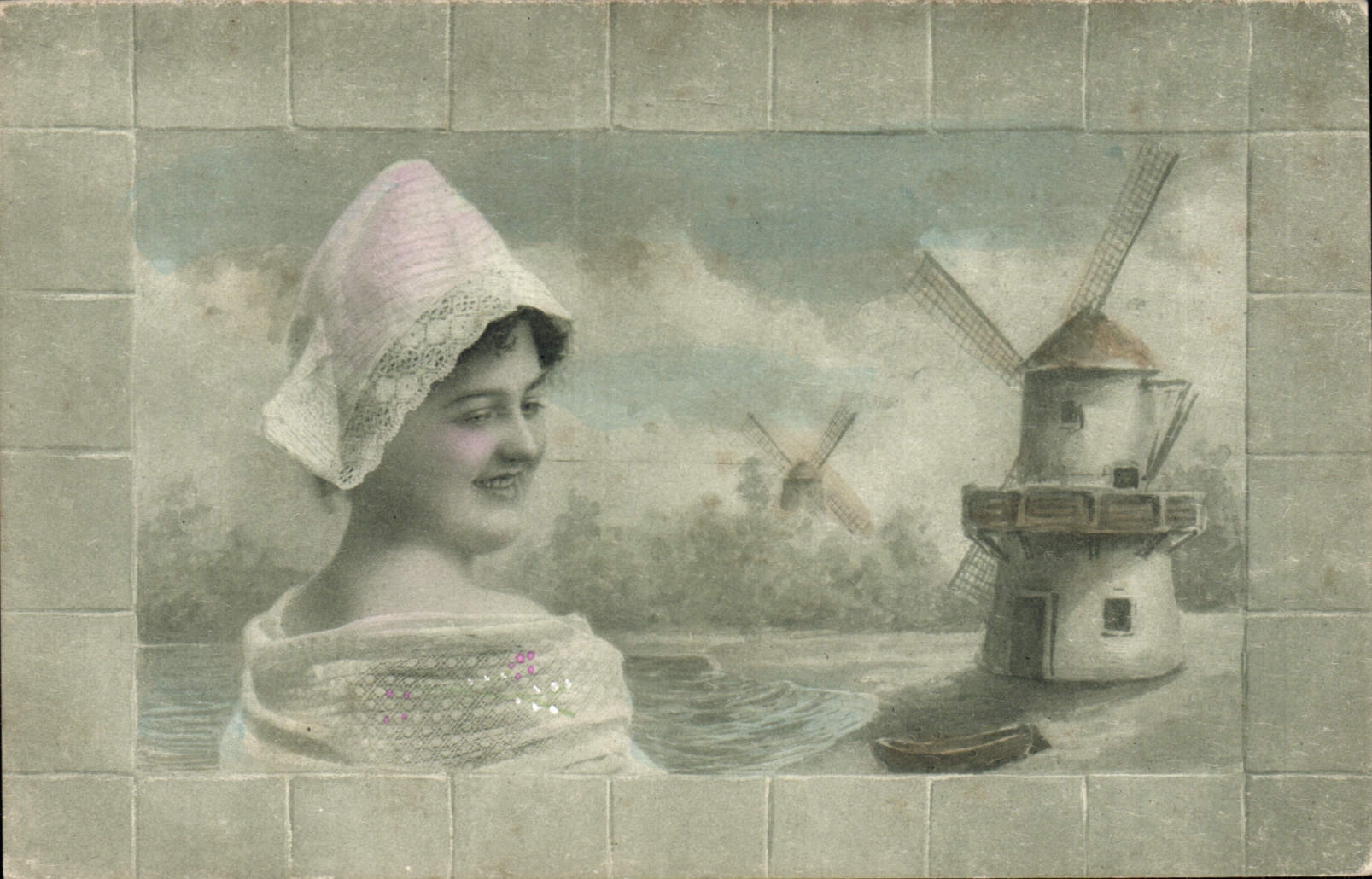 Vintage Postcard Fantaisie Woman Windmill
