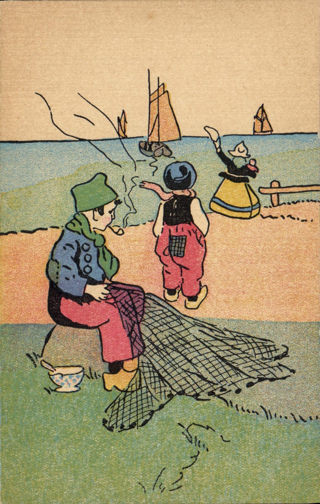 Vintage Postcard Fantasy Children Holland Fishing boats