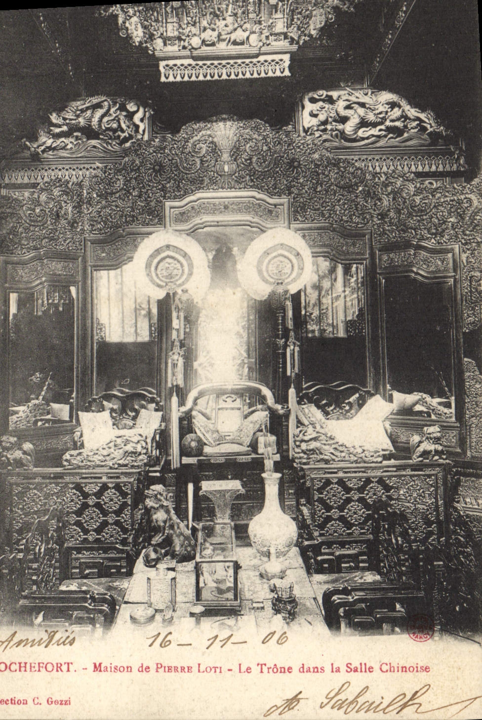 Vintage Postcard Rochefort Stone-built house Loti the throne in the Chinese room China Clouded