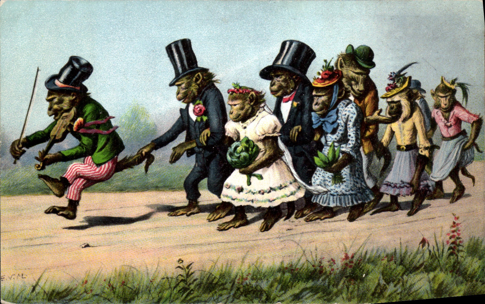Vintage Postcard Apes Monkeys Violin