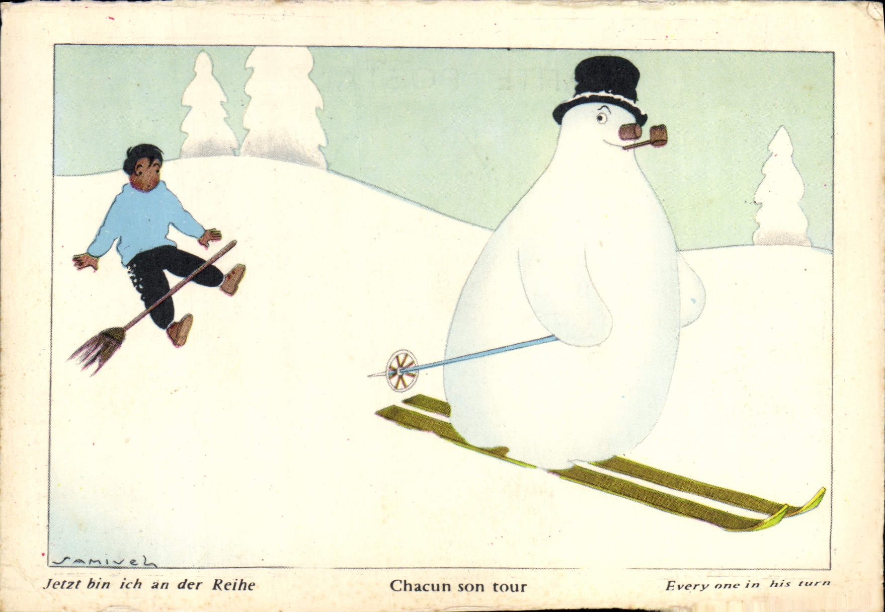 Vintage Postcard Snowman Each one his turn