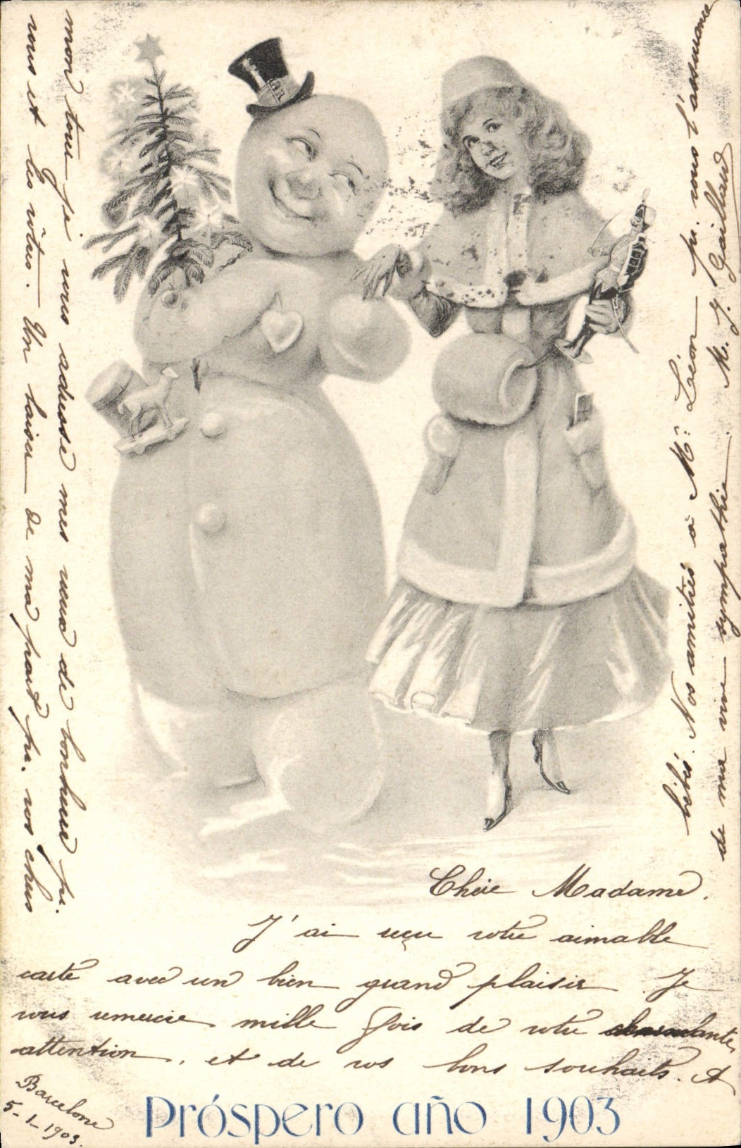Vintage Postcard Snowman Woman
