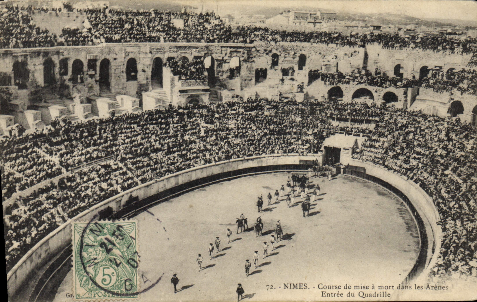 Postal Corrida Corrida de toros Nimes Curso de puesta se murió en las arenas Entrada de la cuadrilla